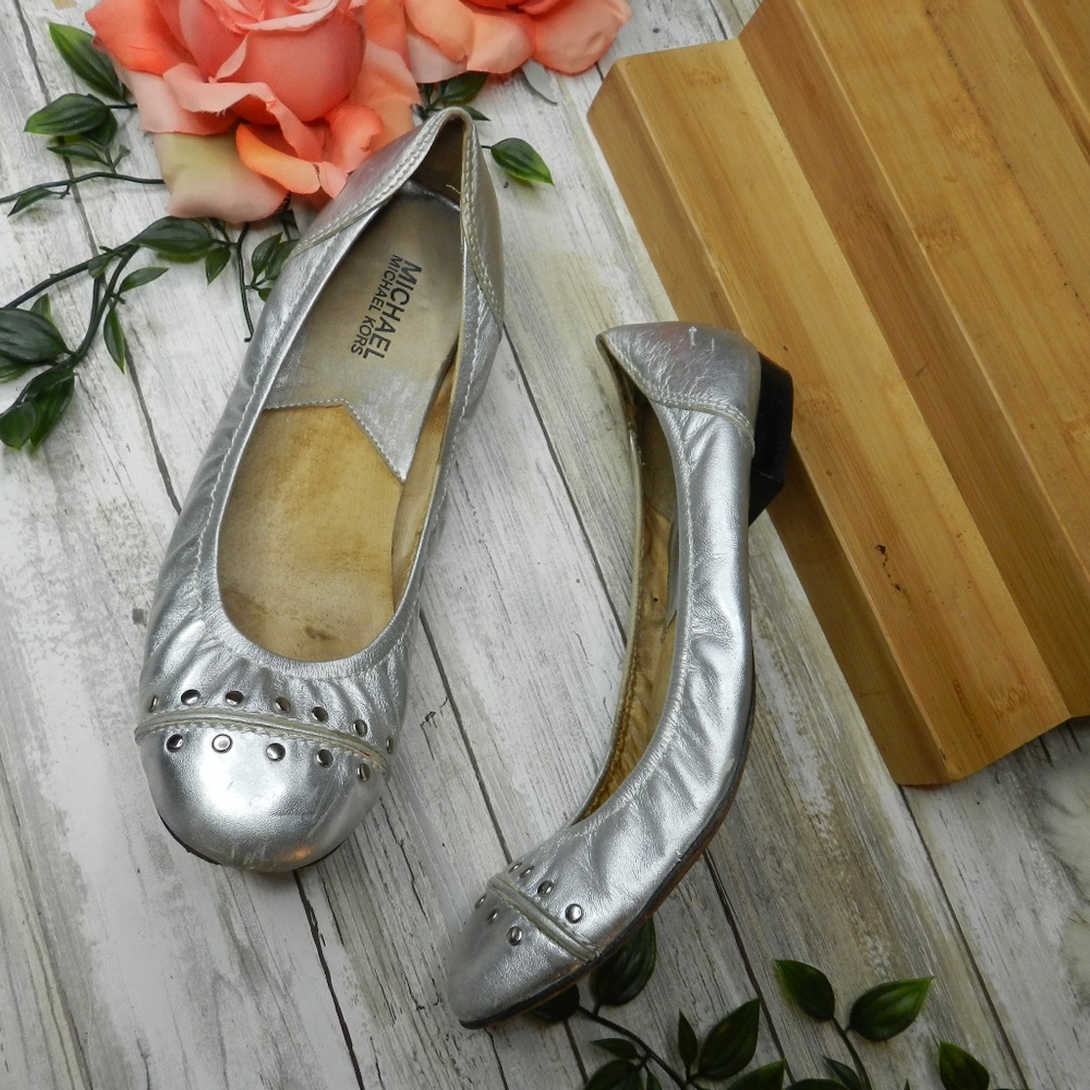 Michael Kors Leather Metallic Silver Ballet Flats